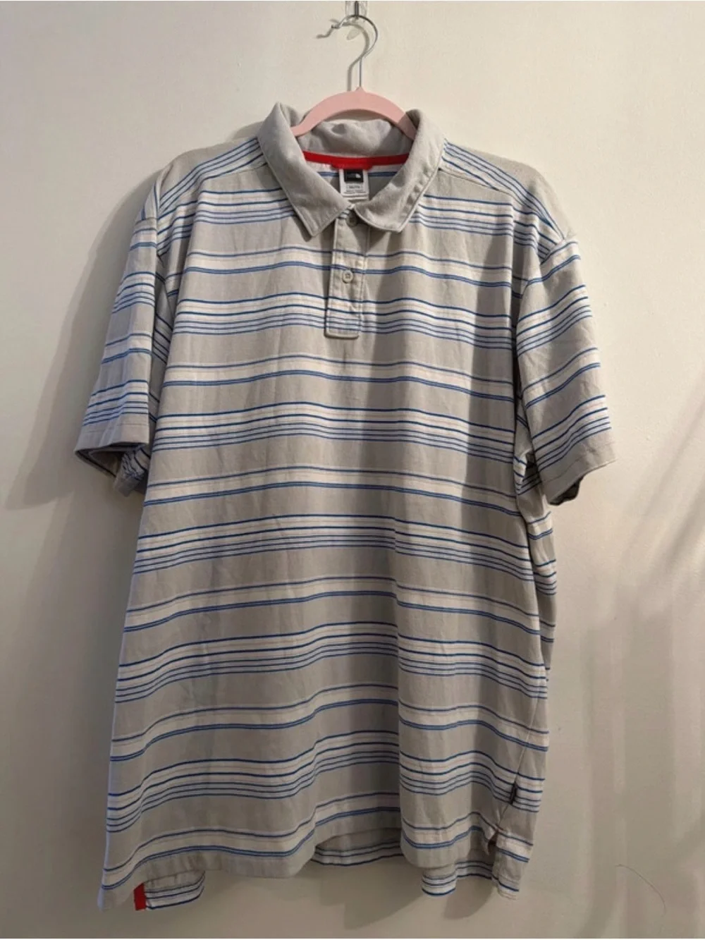 The North Face Men's Light Gray Polo with Blue Stripes